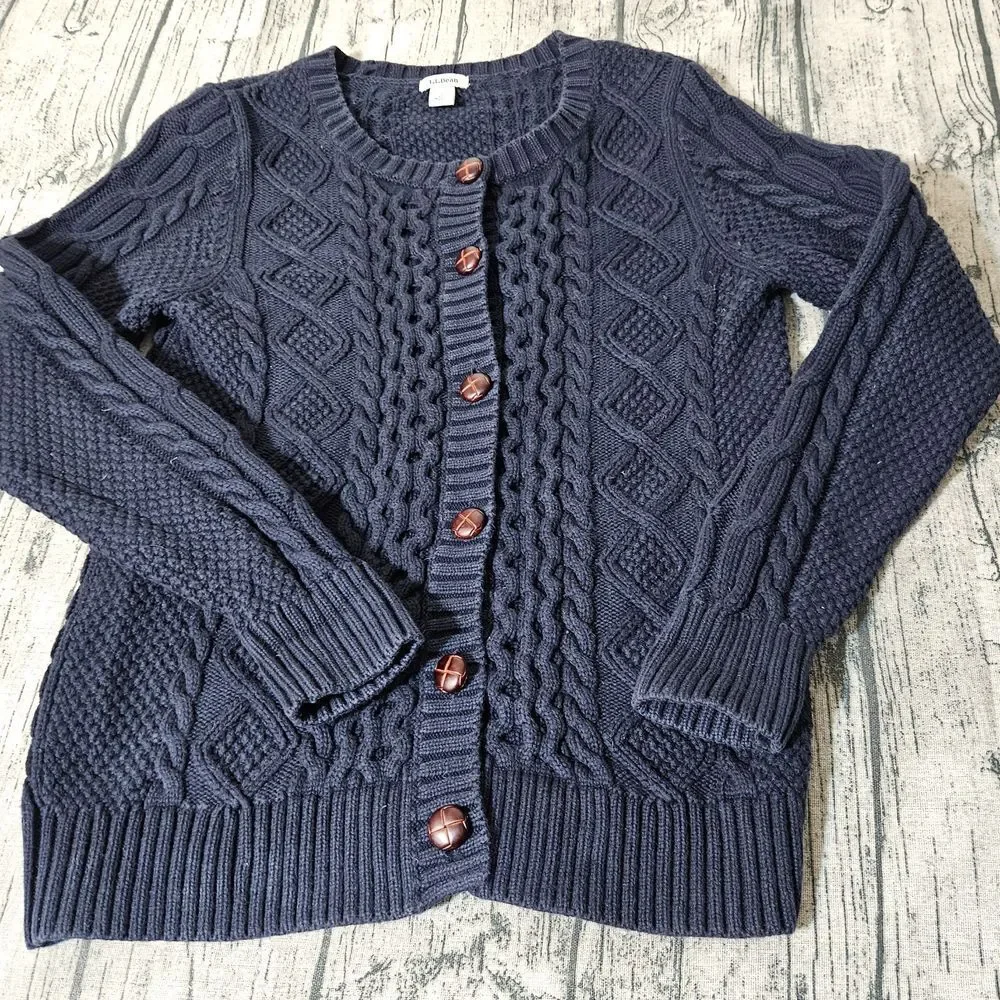 L.L. Bean Girls' Blue Cable Knit Button Cardigan Sweater S Small Long Sleeve Kid
